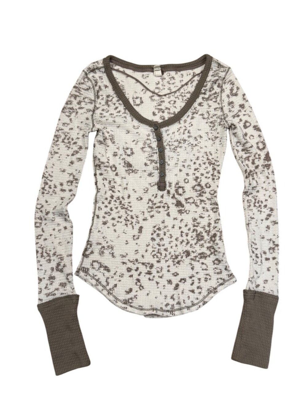Y2K We The Free Thermal Henley Top XS Brown Leopard Print Long Sleeve Waffle Kni